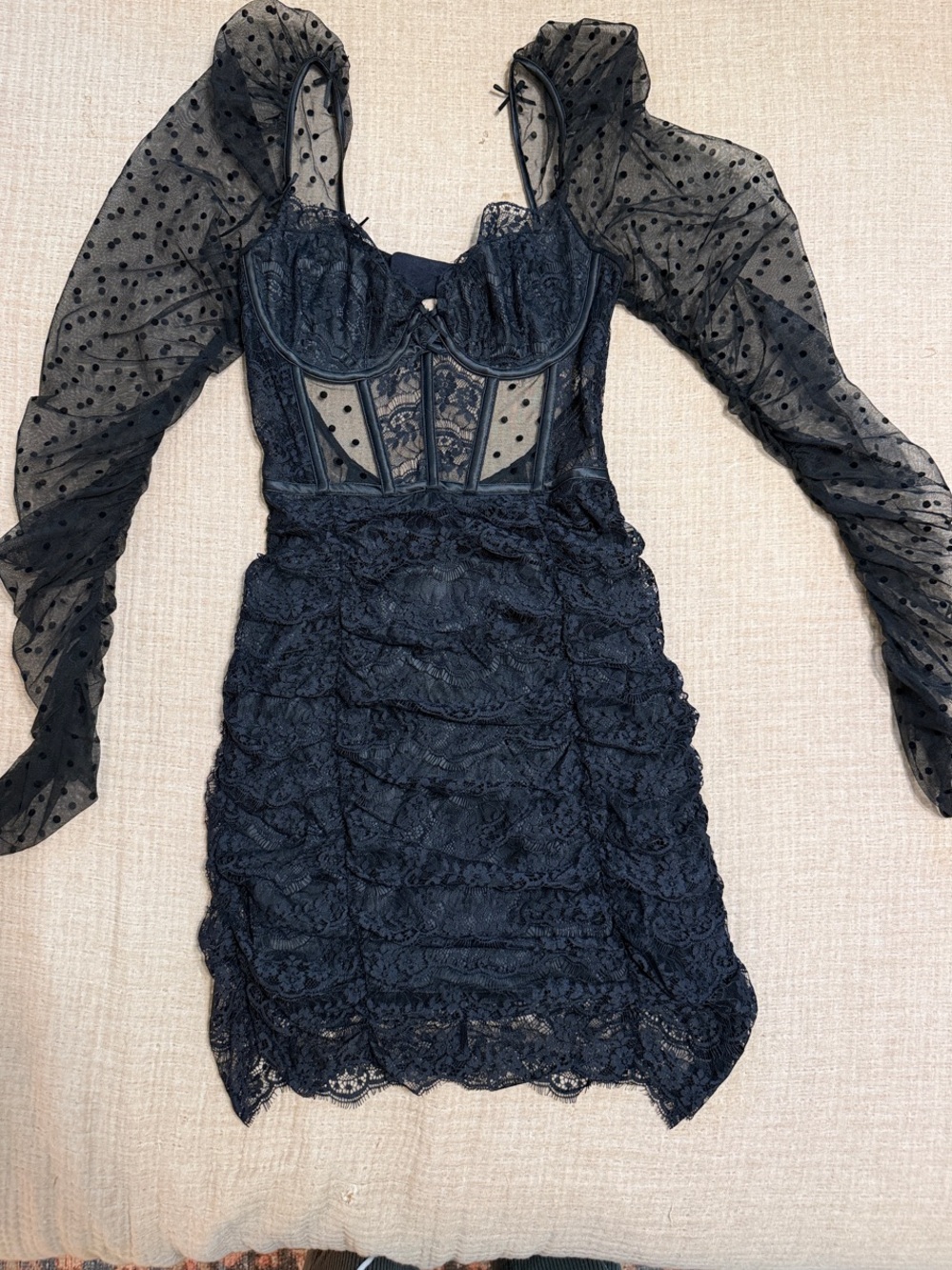 For Love And Lemons Black Lace Corset Mini Dress with Sheer Polka-Dot Sleeves